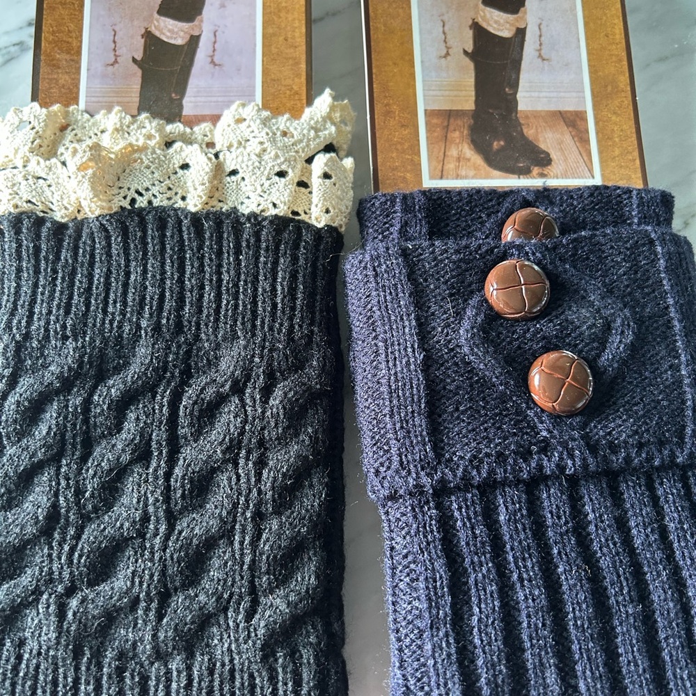 Elegant Black Knit boot topperswith Lace Trim and classic Navy Cable Knit
